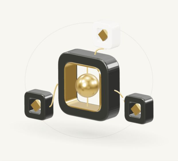 Sculptural graphite and gold intelligence modules connected into one system.